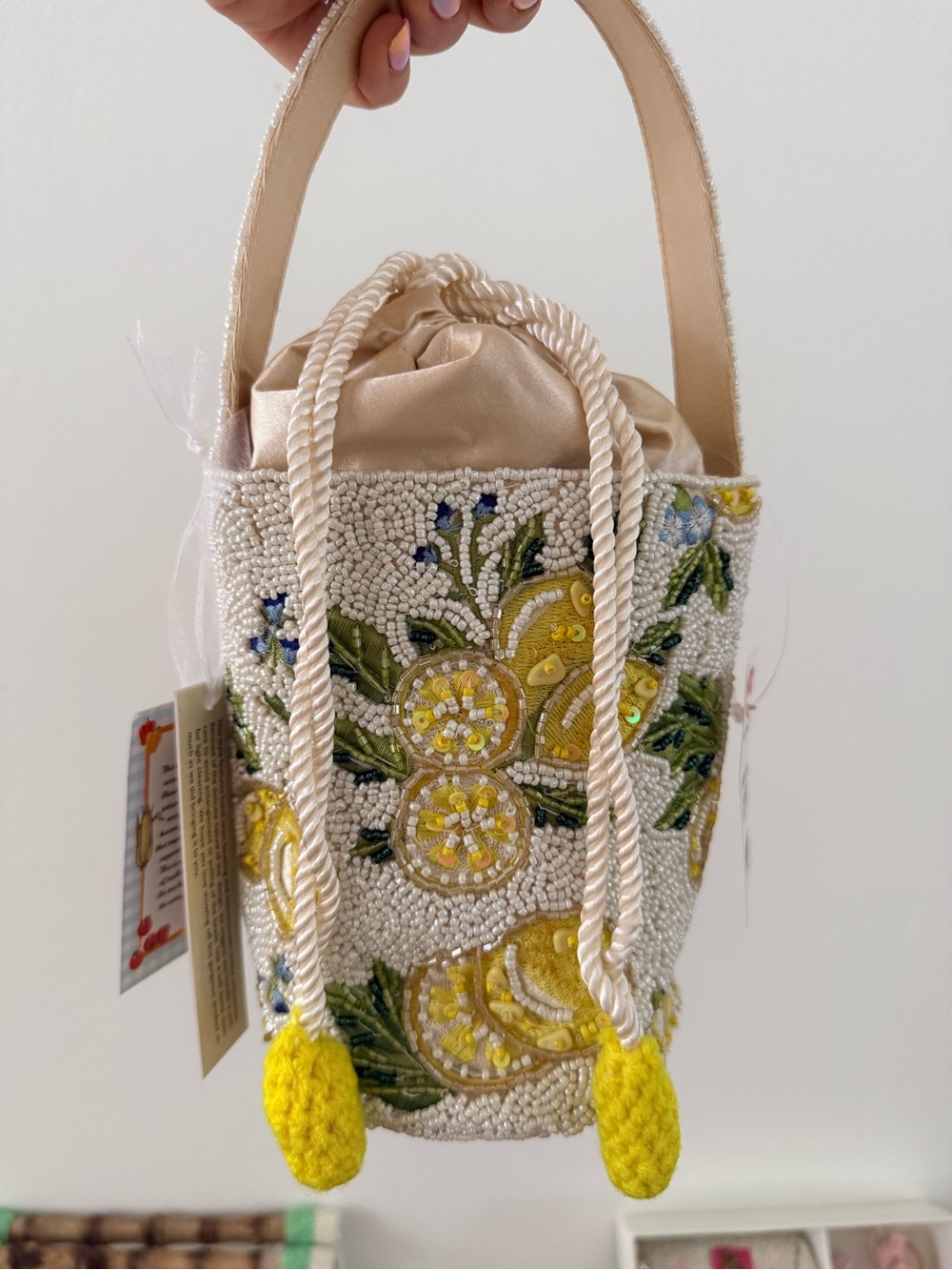 Hand-Embellished Cream & Yellow Lemon Beaded Bucket Bag